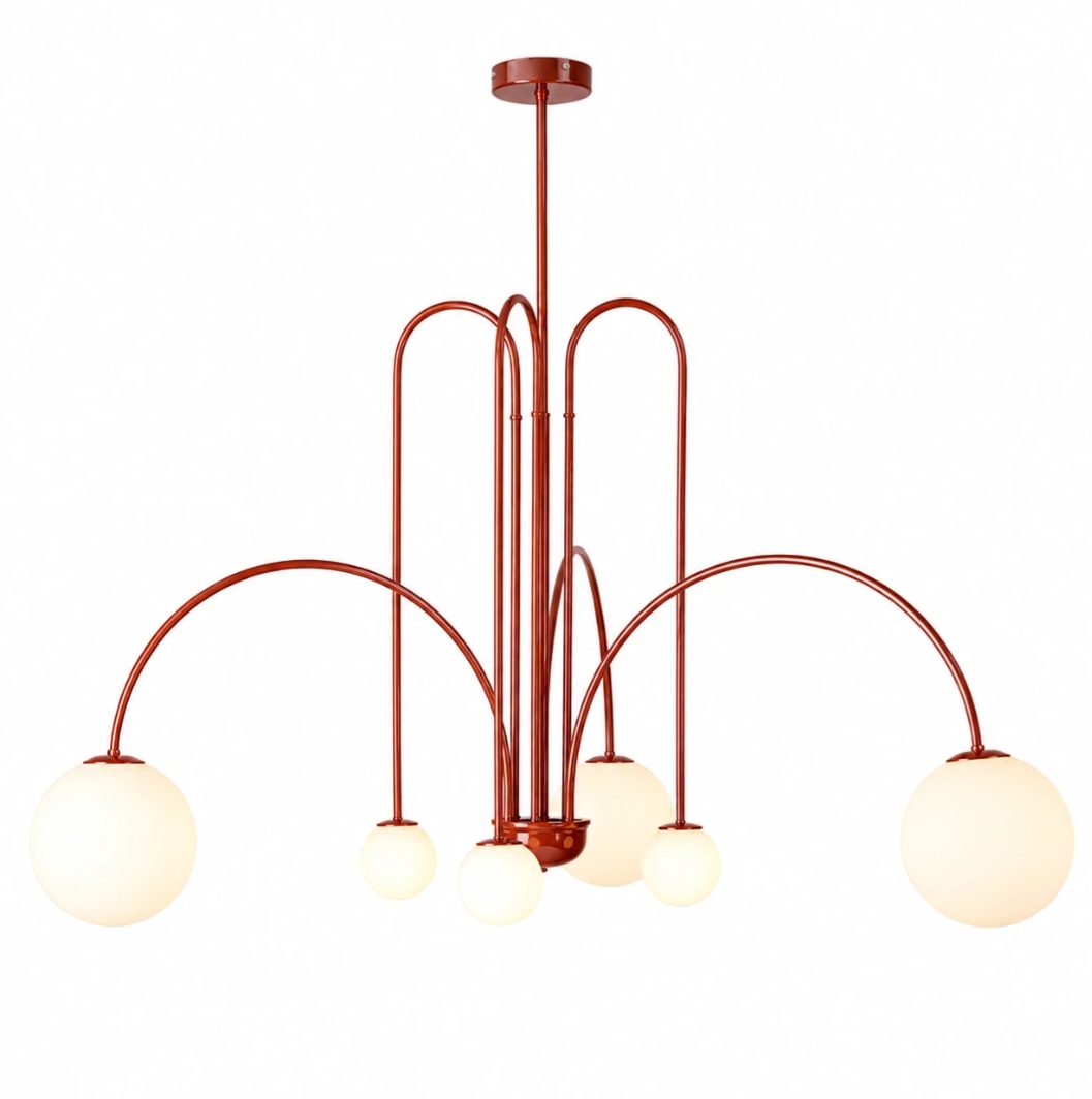 LAMPA WISZĄCA ZE SZKLANYMI KULAMI I CEGLASTOCZERWONYMI ŁUKAMI